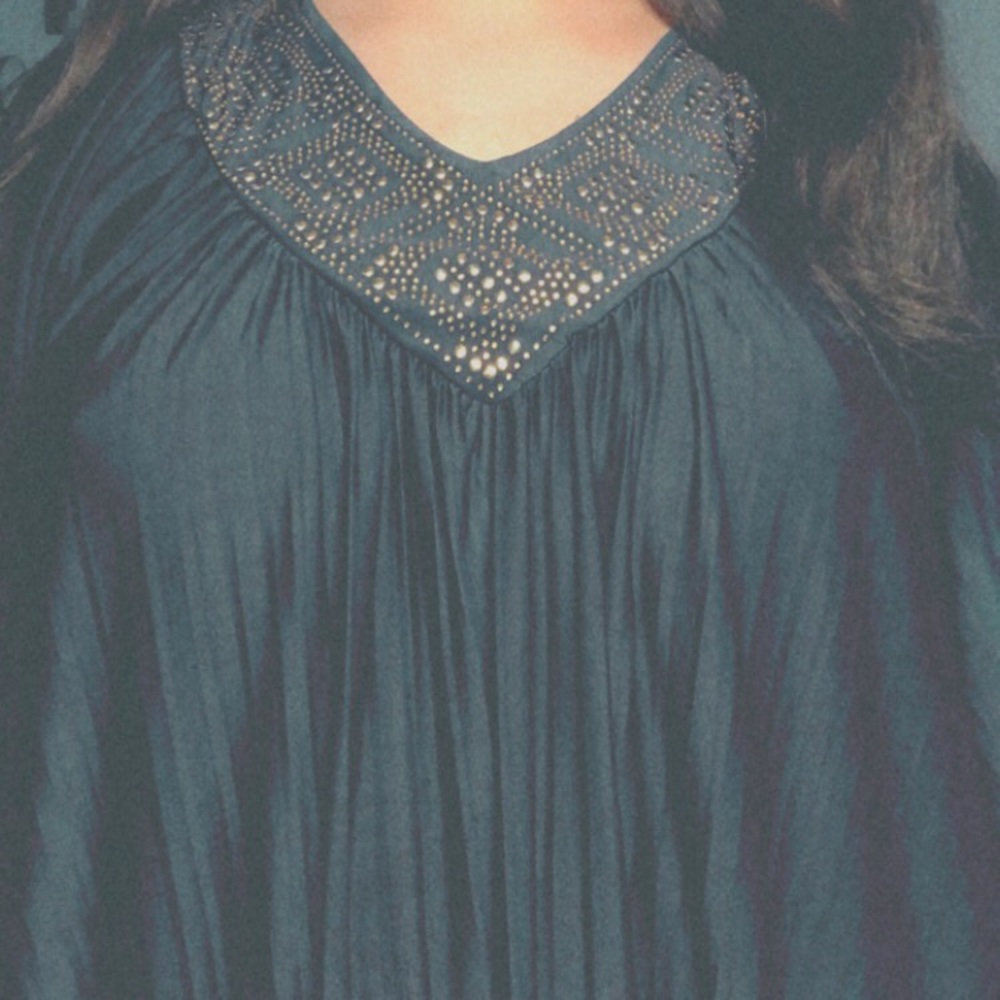 Blue blouse with gold v neck